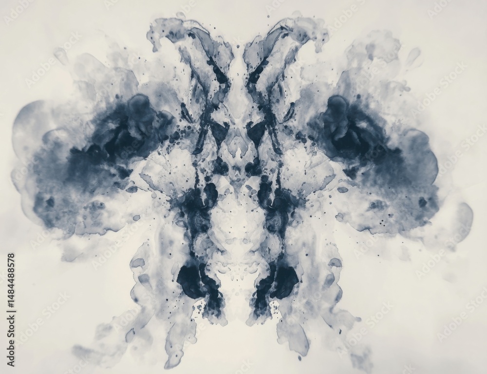 Fototapete abstract inkblot pattern resembling a rorschach test in symmetrical blue and grey tones on a light b
