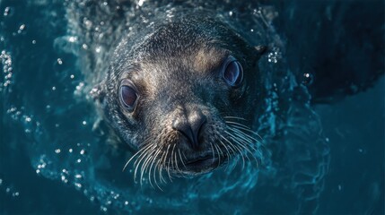 Fototapeta premium Close-up Portrait of a Curious Seal Looking Up From the Water Surface, Capturing the Essence of Wildlife Encounter and Marine Life Conservation Efforts : Generative AI