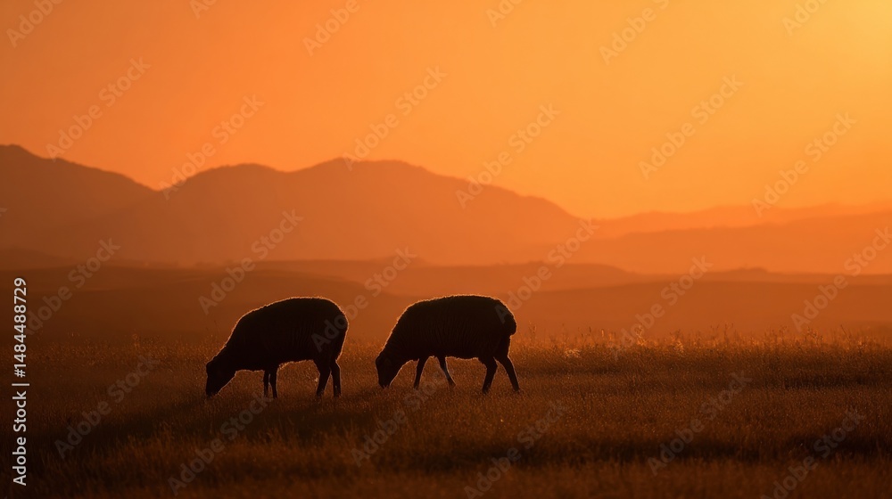 Poster two sheep grazing in a field at sunset with mountain backdrop, representing rural tranquility and su