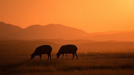 Fototapeta premium Two Sheep Grazing in a Field at Sunset With Mountain Backdrop, Representing Rural Tranquility and Sustainable Agriculture : Generative AI