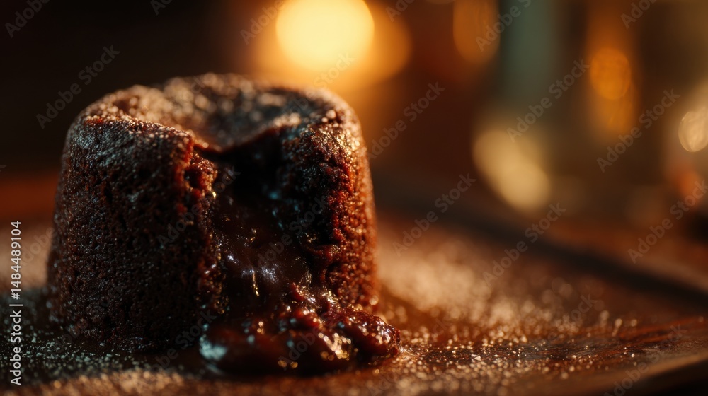 Poster decadent chocolate lava cake with molten center and powdered sugar in warm restaurant setting captur