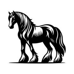 Engraving Style Black Horse in Rearing Position for Poster and Tattoo Illustration with Flowing Mane and Classic Art Details