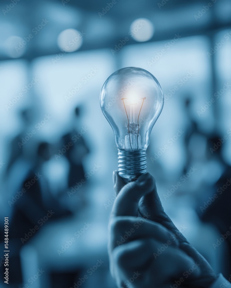 Poster Hand Holding Glowing Light Bulb in Meeting Room, Symbolizing Innovation and Business Strategy for Creative Vision and Problem Solving : Generative AI