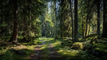 Obraz premium Sunlit Forest Path Leading Through Tall Trees, Evoking Tranquility and Natural Beauty, Ideal for Nature and Travel Concepts : Generative AI