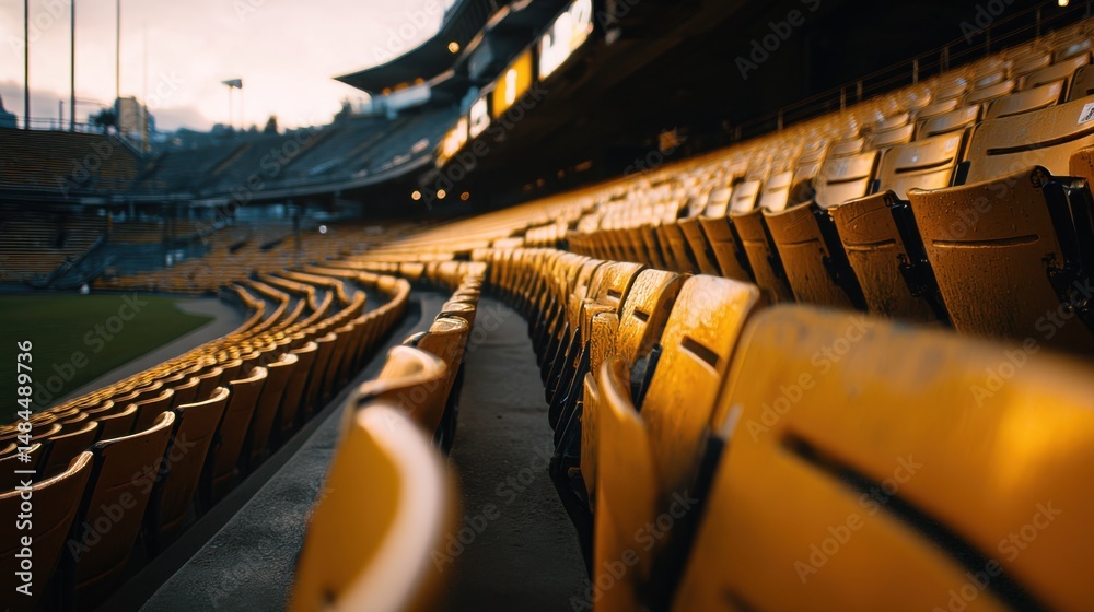 Poster rows of empty yellow seats in a large stadium at sunset, capturing the quiet anticipation and scale 