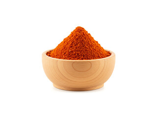 Red chilli powder with wooden bowl isolated on white background.