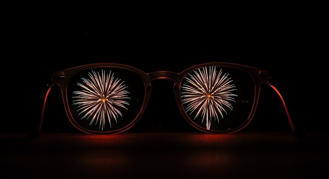 Eyeglasses reflecting fireworks on dark background
