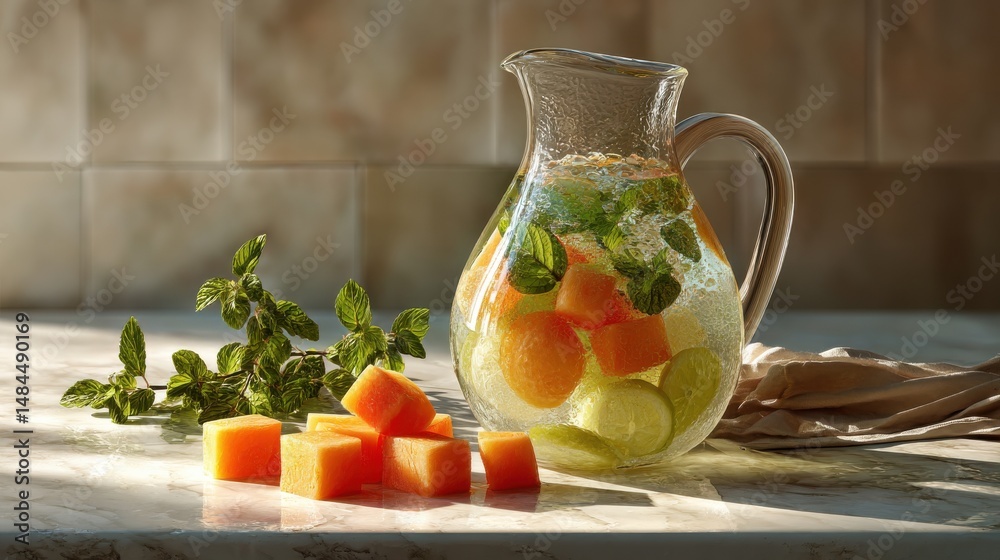 Aufkleber Refreshing Cantaloupe and Lime Infused Water in Glass Pitcher on Marble Countertop, Suggesting Hydration and Healthy Lifestyle Choices for Summer Refreshment : Generative AI