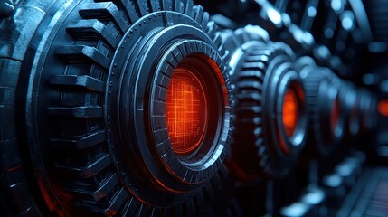 Fototapeta premium Futuristic Industrial Mechanism with Glowing Red Circles and Metallic Gears in a Sci-Fi Environment