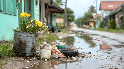 Detailed shot of a local outdoor area with stagnant water in tires and containers serving as a breeding ground for the mosquitoes that spread the dangerous dengue fever in the