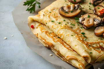 Deliciously presented crepes filled with mushrooms and herbs.