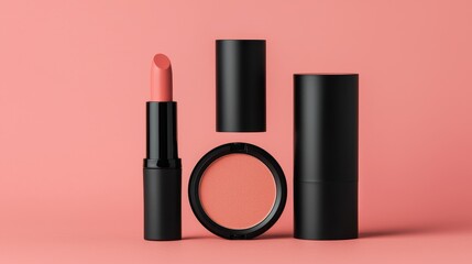 Soft Pink Lipstick and Blush on Minimalist Background for Makeup Beauty and Cosmetic Products