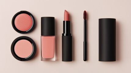 Elegant Makeup Arrangement with Blush, Nail Polish, Lipstick, and Brush on Soft Pink Background