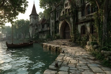 Waterfront manor house with stone pathway