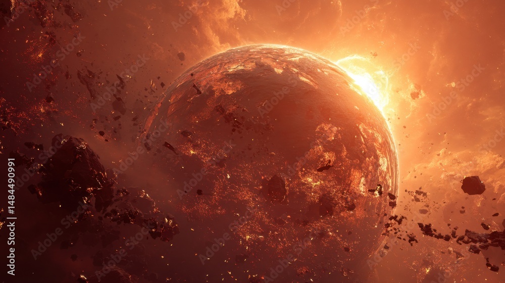 Poster Dramatic View of a Planet Undergoing Cataclysmic Change Surrounded by Asteroid Debris and Intense Light, Representing Cosmic Power and Apocalyptic Themes : Generative AI