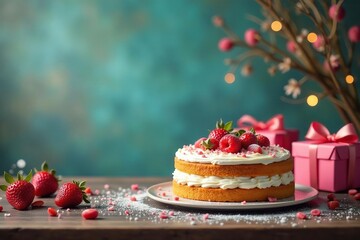 A table laden with a delicious cake and presents , homemade, gifts