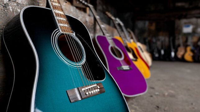 Colorful acoustic guitars lined up