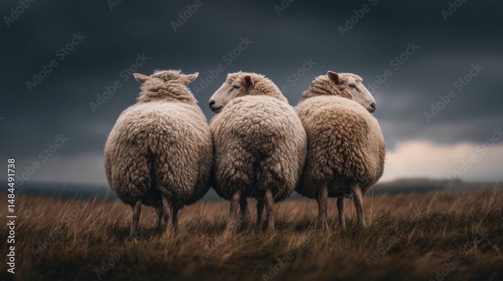 Poster three sheep standing together in a field under a stormy sky, symbolizing unity and rural serenity fo