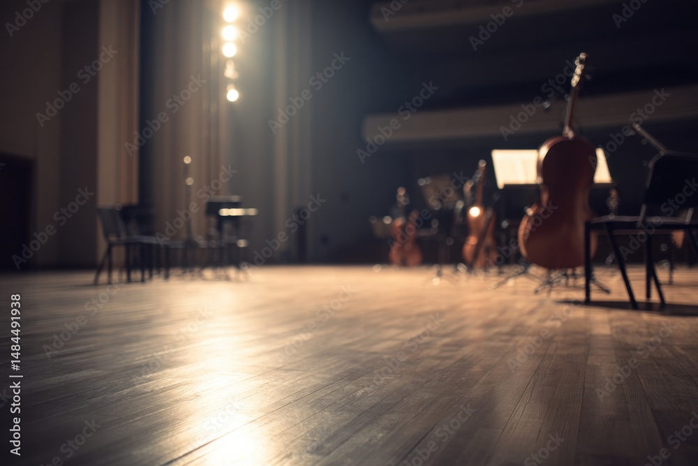 Poster Blurred Orchestra Stage Featuring String Instruments and Empty Chairs Under Warm Spotlights, Capturing the Atmosphere of Anticipation and Performance Preparation : Generative AI