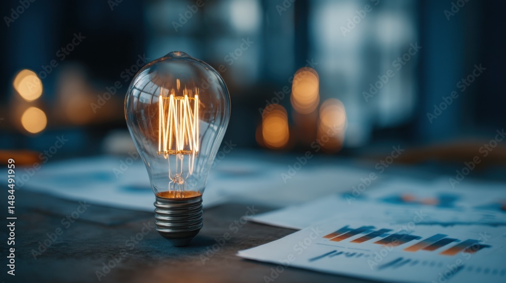Leinwandbilder glowing edison light bulb on desk with business charts at night, symbolizing idea generation and dat