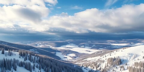 Serene, snow-covered valley under a cloudy winter sky; a breathtaking aerial view, calm, winter wonderland