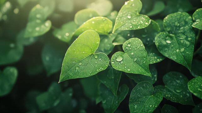 Close-Up of Heart-Shaped Ivy Leaves Glimmering with Dewdrops in the Soft Morning Light - Powered by Adobe