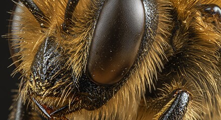Fototapeta premium Magnified Bee Portrait: A Close-Up Exploration of a Golden-Hued Insect's Head
