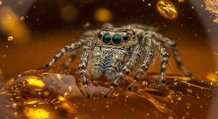 Macro Photography of a Jumping Spider Trapped in Amber  A Stunning Close-Up Shot Revealing Intricate Details