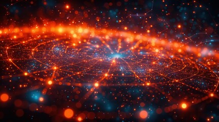 An abstract digital network is visualized with glowing red and blue light connections.