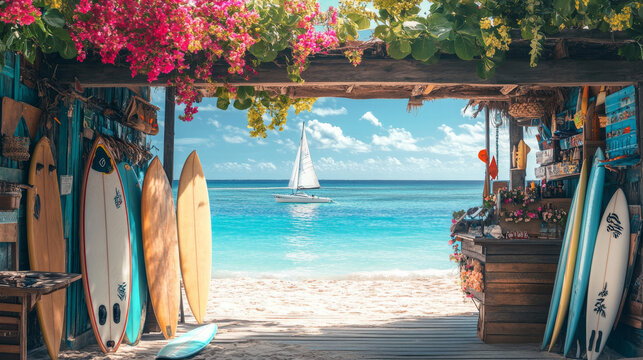 Sunny photo of a board shop with spring flowers and surfboards by the sea, with a sailboat on the horizon. - Powered by Adobe
