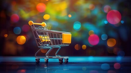 A vibrant miniature shopping cart glows brightly against a colorful bokeh background.