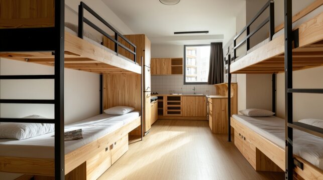 Realistic photography shows an udomsup top hostel's shared kitchen and wooden bunk beds in a clean and modern interior design for budget travel lodging options.