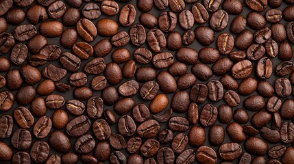 Fototapeta premium Freshly Roasted Coffee Beans Spread Out on Dark Background for Cooking and Beverage Inspiration