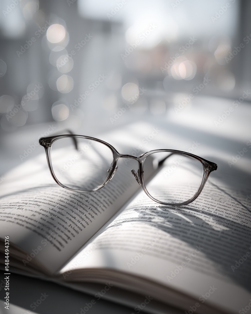 Poster Transparent Frame Reading Glasses Rest on an Open Book Under Soft Window Light with Blurred Bokeh, Representing Education Literacy and Study Time : Generative AI