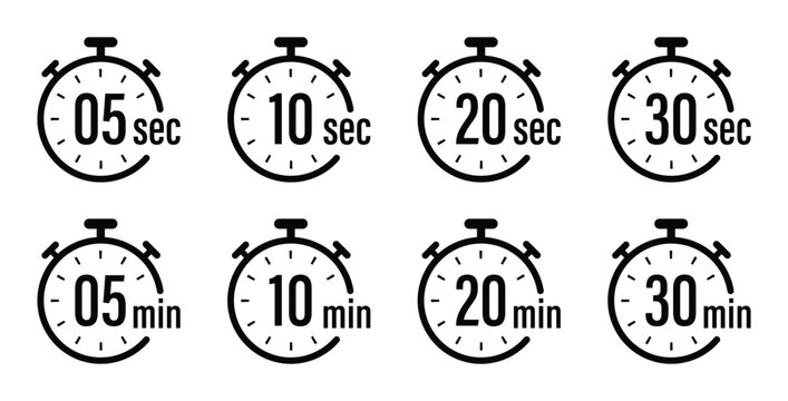 Timer stopwatch icons. Countdown clock symbol with 5, 10, 20, 30 second and minute time. Transparent PNG and vector illustration.