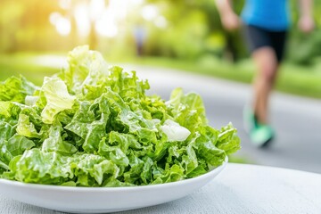 Fresh salad close-up in park setting, perfect for exercise and picnic-themed imagery.