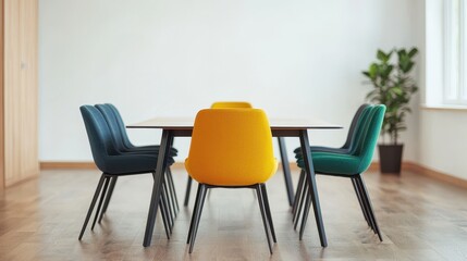 Modern Office Interior with Colorful Chairs Surrounding Minimalist Meeting Table in Bright Room
