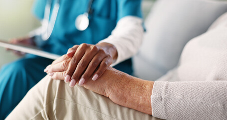 People, hands and nurse with patient for sympathy, comfort or consultation at retirement home....