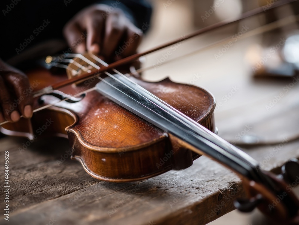 Aufkleber close up of hands skillfully playing a beautiful old violin on a rustic wooden surface, capturing th