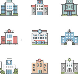 A vector set features urban architecture with house and building icons, depicting a city or town with apartment symbols and roof designs in a cartoon illustration collection