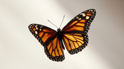 Obraz premium Monarch butterfly floating mid air soft shadows creating depth elegant wing structure detailed beautifully on a seamless white backdrop overlay cut out on isolated transparent removed background