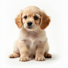 Cute puppy with floppy ears and big eyes, paw raised, white background, symbolizing companionship.

