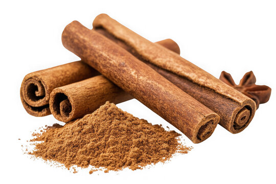 High-resolution image of cinnamon sticks, ground cinnamon powder, and star anise for culinary and baking use, isolated on transparent background
