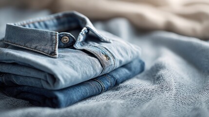Stacked denim shirts and pants resting on a soft blanket