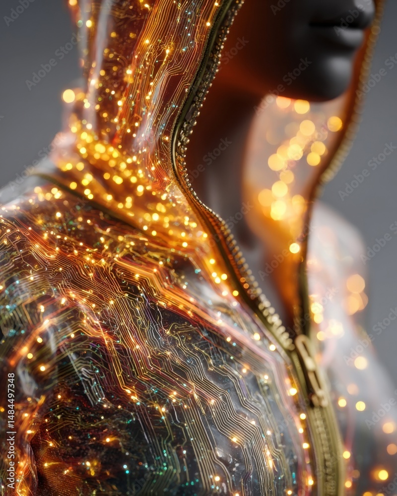 Poster Close-up of a Person Wearing a Futuristic Hooded Jacket with Glowing Circuit Board Pattern Representing Technology and Digital Innovation : Generative AI