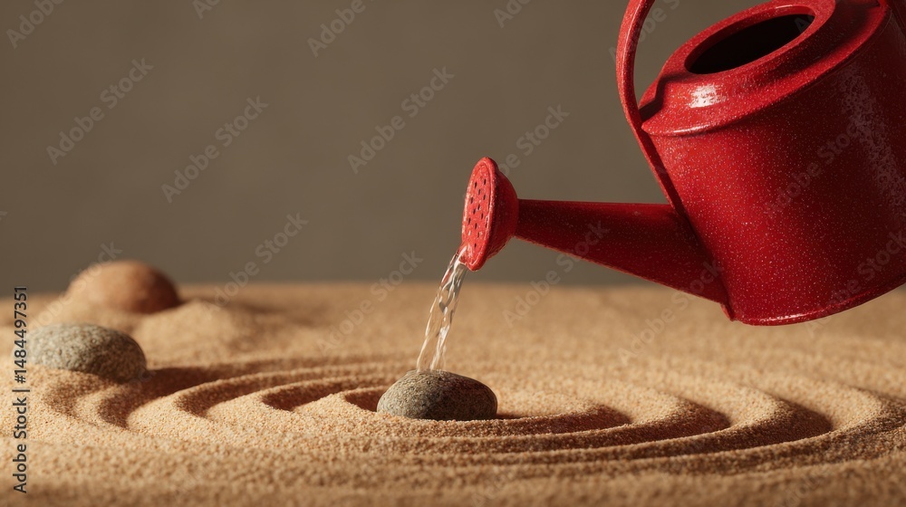 Poster Red Watering Can Pouring Water on Stone in Sand Garden With Circular Patterns, Symbolizing Mindfulness and Tranquility in a Minimalist Aesthetic Setting : Generative AI
