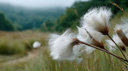 Blowing in the wind with dandelion under cloudy morning concept. Delicate white cotton grass swaying gently in the breeze.