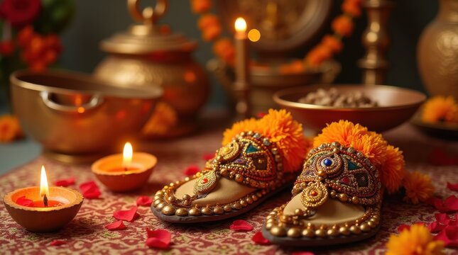 Decorated altar with guru&rsquo;s sandals, marigold flowers, and diya lamps, symbolizing Guru Purnima celebration.

