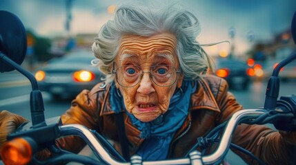 Obraz premium A surprised elderly woman rides a motorcycle on a busy street, an amusing scene.