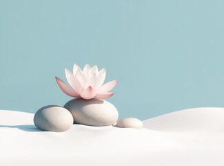 Serene pink lotus blossom atop smooth stones on pristine white sand